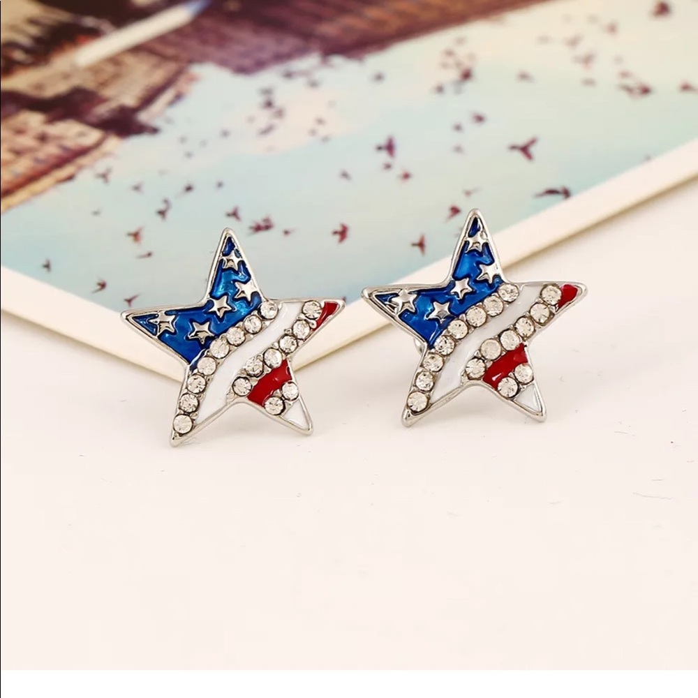 American Flag Star Patriotic Earrings - Picture 3 of 5